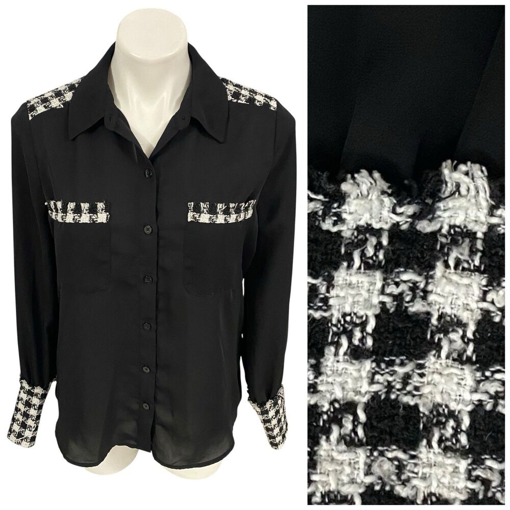 Laundry by Shelli Segal Top Womens Sz Small Black Houndstooth Shirt Work Office